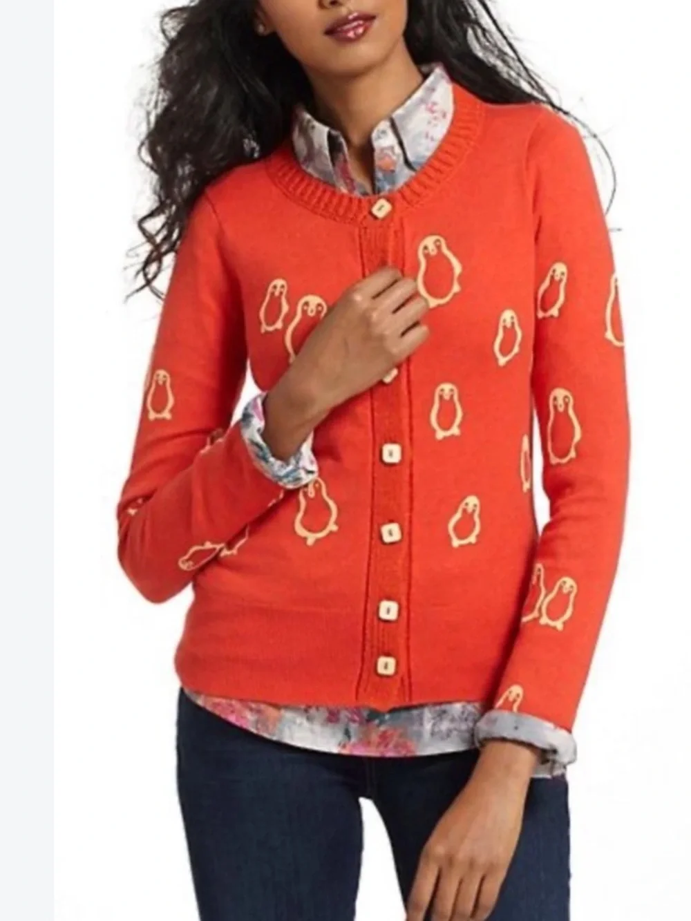 Field Flower by Anthropologie XS cardigan featuring an all-over flocked penguin